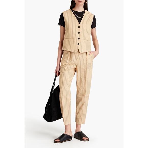 Maje Jackets & Blazers - MAJE Pinstriped Cotton And Linen-blend Waistcoat Vest Beige & Black 36 US Small
